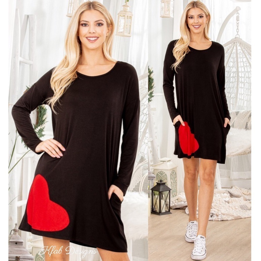 LAST 2! Very Soft Heart Patch Black Pocket Dress! - Picture 6 of 12